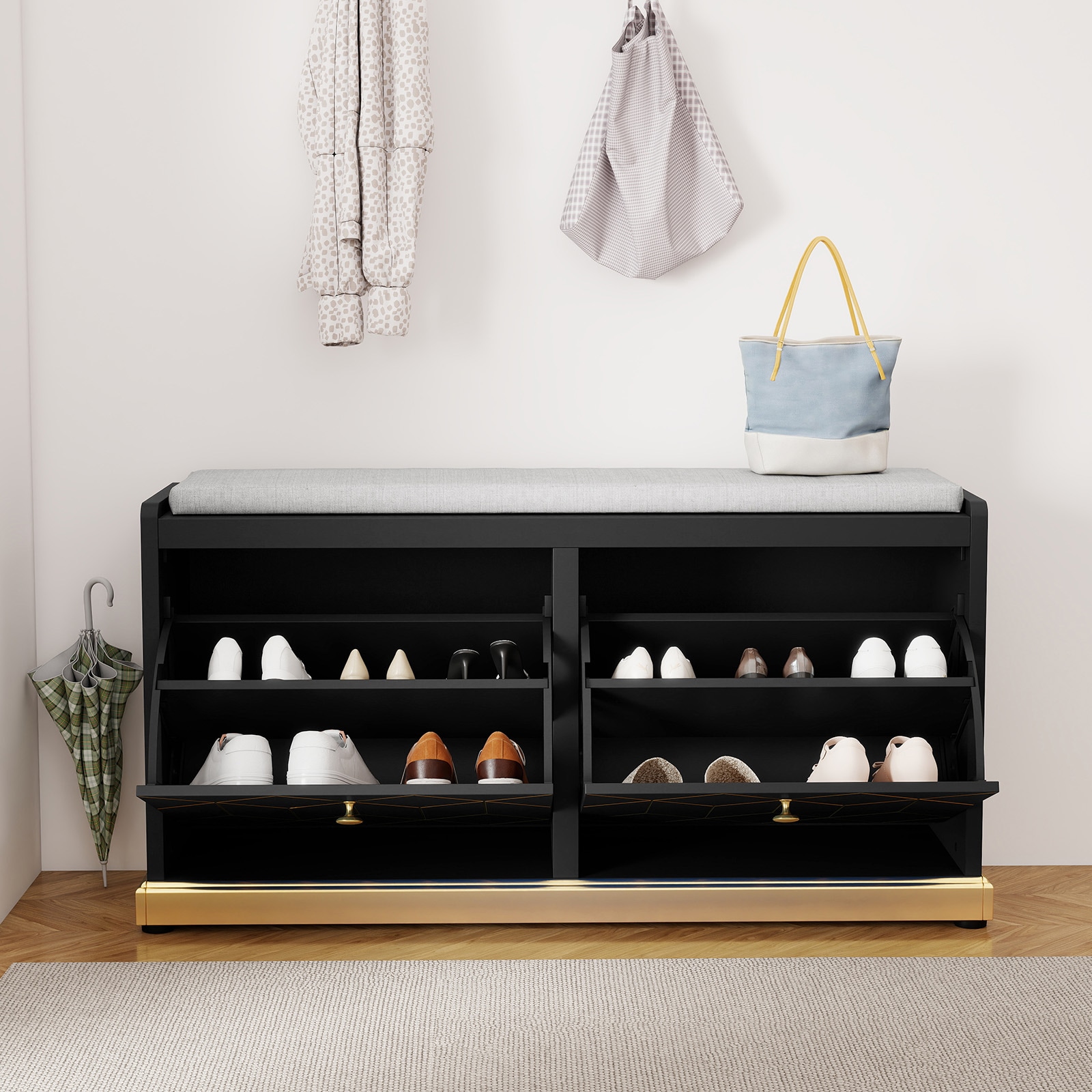 Modern Shoe Bench With Storage, Entryway Bench With 2 Flip Drawers & Padded Cushion Seat, Upholstered Shoe Rack Organizer For Hallway, Closet, Living Room_voghion.com